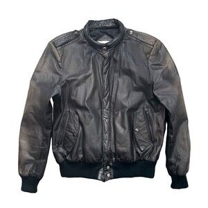 Vtg Berman's The Leather Experts Men's Black Leather Bomber Jacket Size 42 Faded